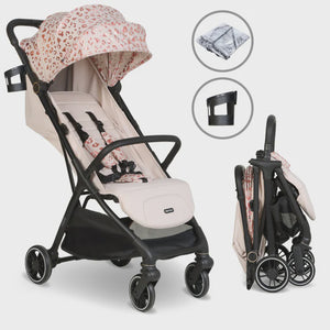 My babiie mbx6 auto-fold compact stroller in beige and black with a pink leopard-print foldable canopy
