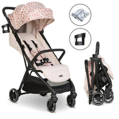 My babiie mbx6 auto-fold compact stroller with pink leopard-print canopy black frame and beige seat