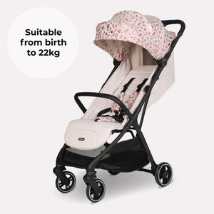 My babiie mbx6 auto-fold compact stroller with sleek black frame and cream pink leopard print canopy for infants up to 22kg