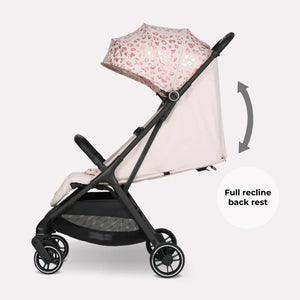 My Babiie MBX6 auto-fold compact stroller with pink leopard print canopy white fabric sides and full recline backrest