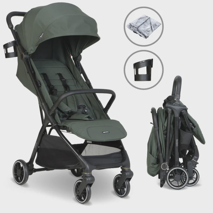 My babiie mbx6 auto-fold compact stroller in forest green olive fabric with black metal frame and wheels shown from the back