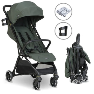 My Babiie MBX6 auto-fold compact stroller in olive green fabric with black metal frame and wheels for easy transport