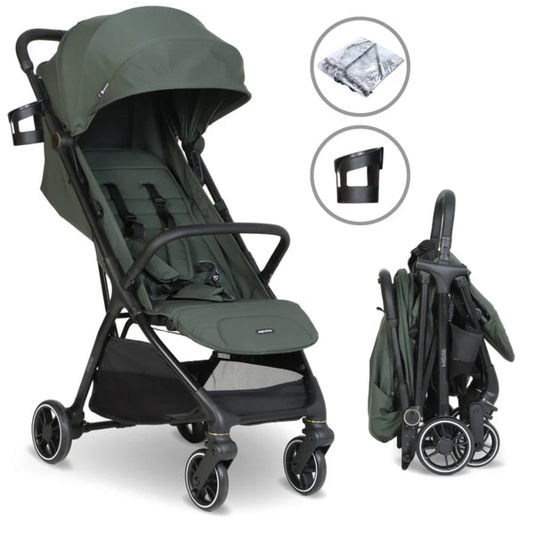 My Babiie MBX6 auto-fold compact stroller in olive green fabric with black metal frame and wheels for easy transport