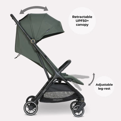 Dark green My Babiie MBX6 compact stroller with black frame wheels retractable UPF50 plus canopy and adjustable leg-rest