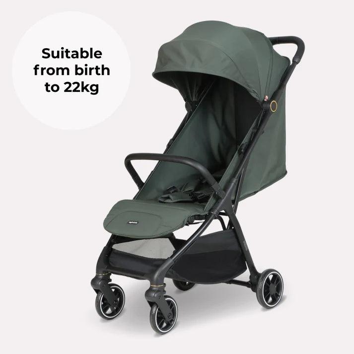 Dark green fabric my babiie mbx6 auto-fold compact stroller with black metal frame and wheels shown from the back side