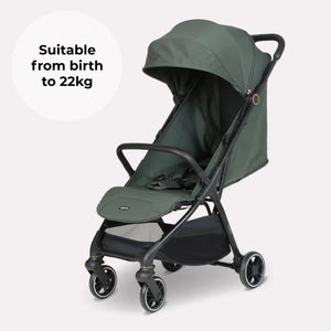 Dark green fabric my babiie mbx6 auto-fold compact stroller with black metal frame and wheels shown from the back side