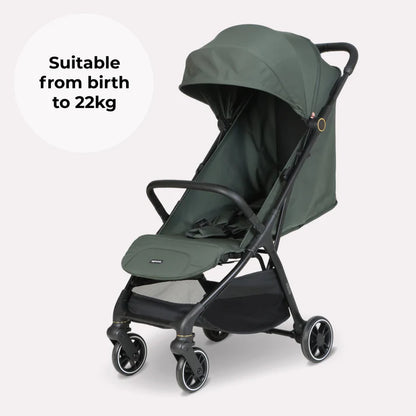 Dark green fabric my babiie mbx6 auto-fold compact stroller with black metal frame and wheels shown from the back side