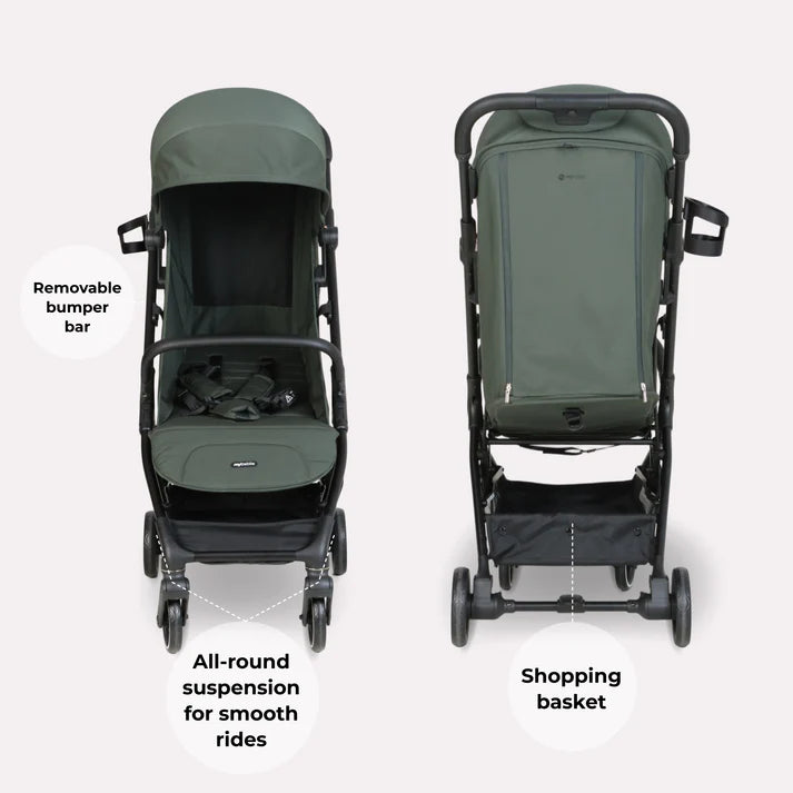 My babiie mbx6 auto-fold compact stroller in forest green with olive green fabric black frame removable bumper bar and basket