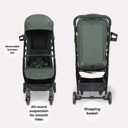 My babiie mbx6 auto-fold compact stroller in forest green with olive green fabric black frame removable bumper bar and basket