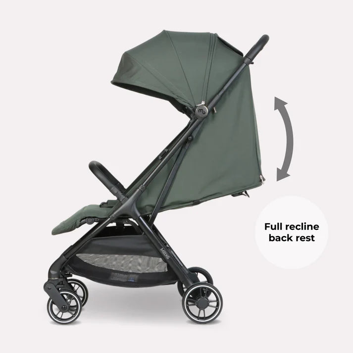 My Babiie MBX6 auto-fold compact stroller forest green with dark green fabric canopy black metal frame and reclining backrest