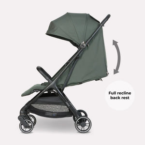 My Babiie MBX6 auto-fold compact stroller forest green with dark green fabric canopy black metal frame and reclining backrest