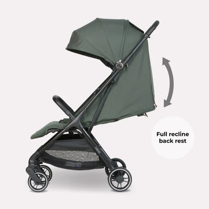 My Babiie MBX6 auto-fold compact stroller forest green with dark green fabric canopy black metal frame and reclining backrest