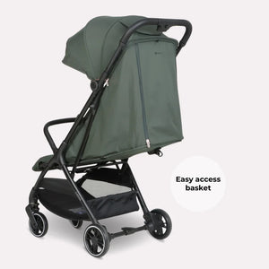 My babiie mbx6 auto-fold compact stroller in forest green olive fabric with black metal frame and wheels