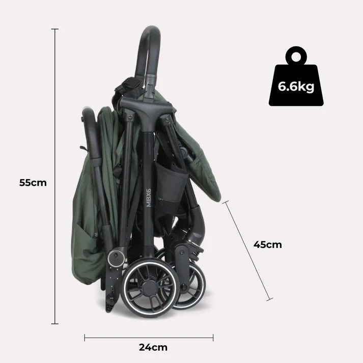 My babiie mbx6 auto-fold compact stroller forest green black and olive green foldable design with four wheels and storage basket