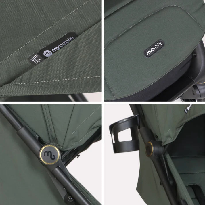 My Babiie MBX6 auto-fold compact stroller forest green with dark green fabric canopy black trim and UPF 50+ sun protection label