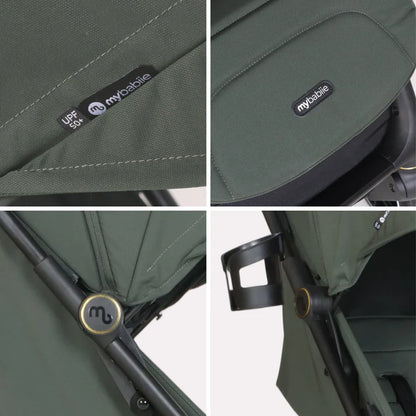 My Babiie MBX6 auto-fold compact stroller forest green with dark green fabric canopy black trim and UPF 50+ sun protection label