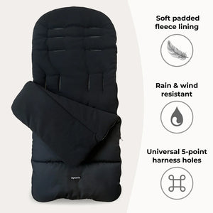 Black padded My Babiie universal footmuff with soft fleece lining and rain-resistant fabric for stroller use