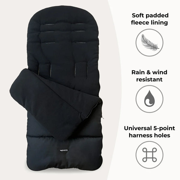 Black padded My Babiie universal footmuff with soft fleece lining and rain-resistant fabric for stroller use