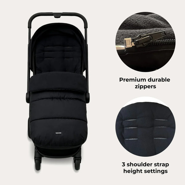 My Babiie universal footmuff black quilted baby stroller cover with adjustable shoulder straps and premium zippers
