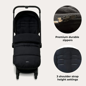 My babiie universal footmuff black quilted baby stroller cover with adjustable shoulder straps and durable zippers