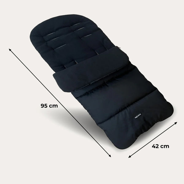 Black quilted My Babiie universal footmuff with padded segmented design and subtle brand logo for baby strollers
