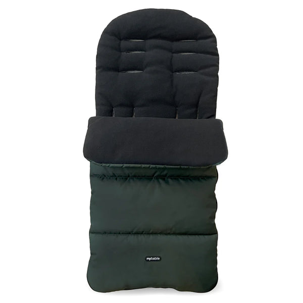 Black quilted baby stroller footmuff with dark green lower section and mybabe logo for universal use