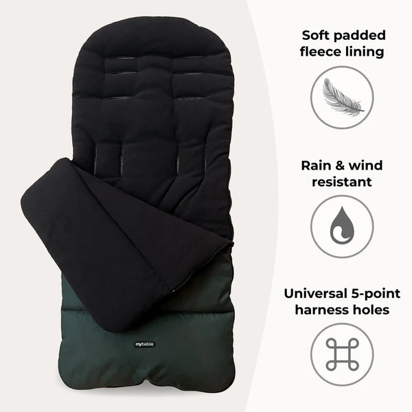 My Babiie universal footmuff in black and dark green with soft fleece lining for stroller warmth and comfort
