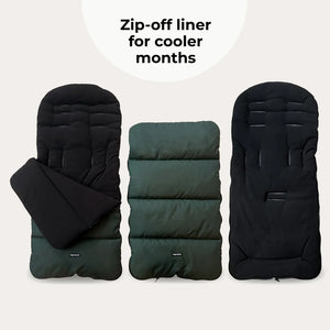 My babiie universal footmuff in black and dark green quilted zip off liner designed for cooler months