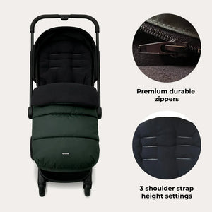 Dark green quilted My Babiie universal footmuff on baby stroller with black frame and wheels visible from the front