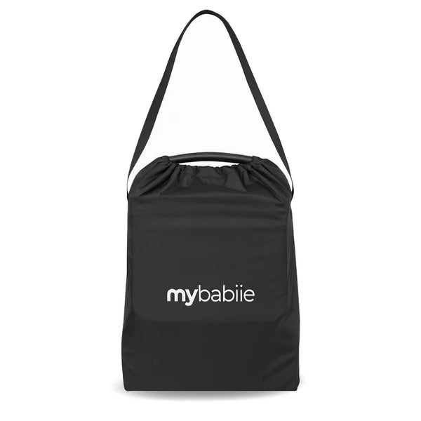 Black mybabiie mbx2 compact stroller travel bag with drawstring top and shoulder strap for easy carrying