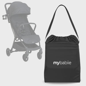 Black drawstring carry bag with mybabiiie logo for my babiie mbx2 compact stroller travel storage