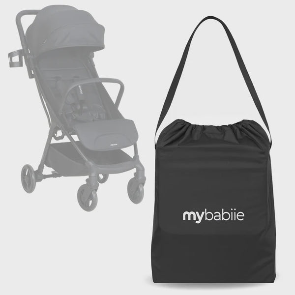 Black drawstring carry bag with mybabiiie logo for my babiie mbx2 compact stroller travel storage