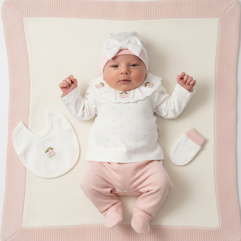 Baby Girls Cherry Embroidered 5 Piece Outfit Set – Dusky Pink & Ivory | 0–3 Months