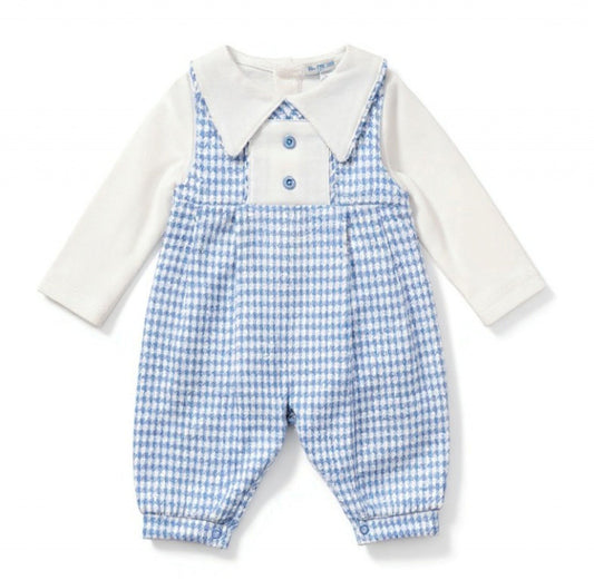 Baby Boys Blue & White Dogtooth Long Leg Dungaree Set