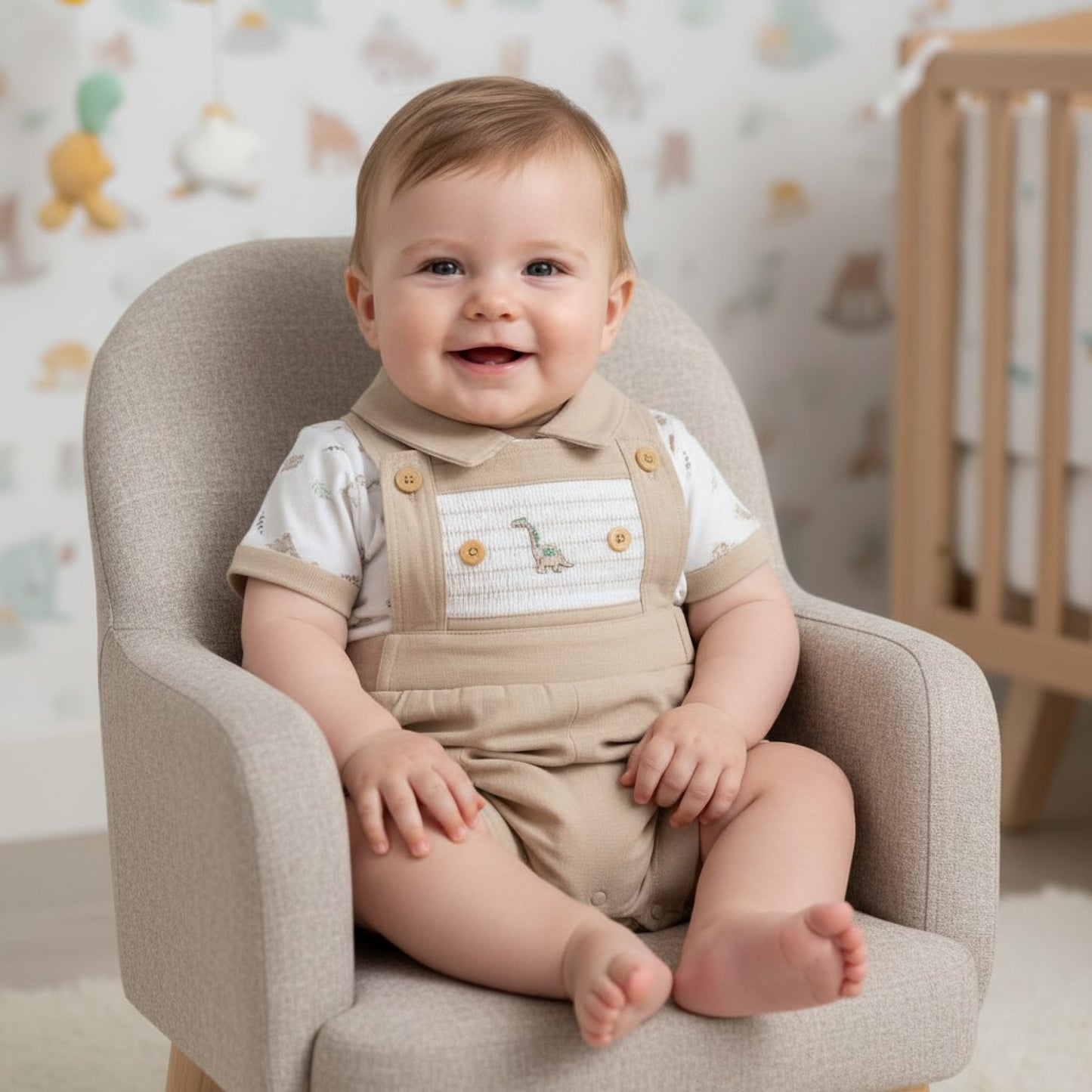 Beige baby boys dinosaur embroidered dungaree with white patch and wooden buttons in a top set
