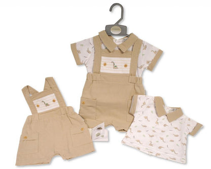 Beige baby boys dinosaur embroidered dungaree and top set with short-sleeved shirts and matching overalls