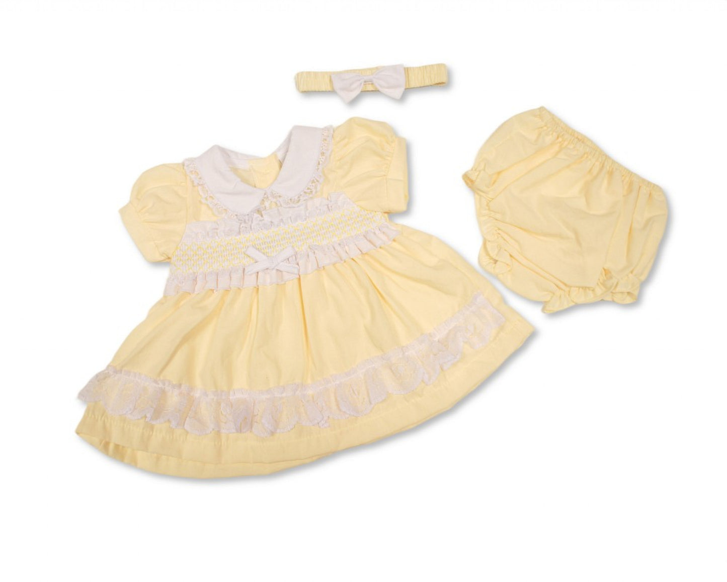 Yellow & White Smocked “Lace and Bow” Baby Girls Dress Set