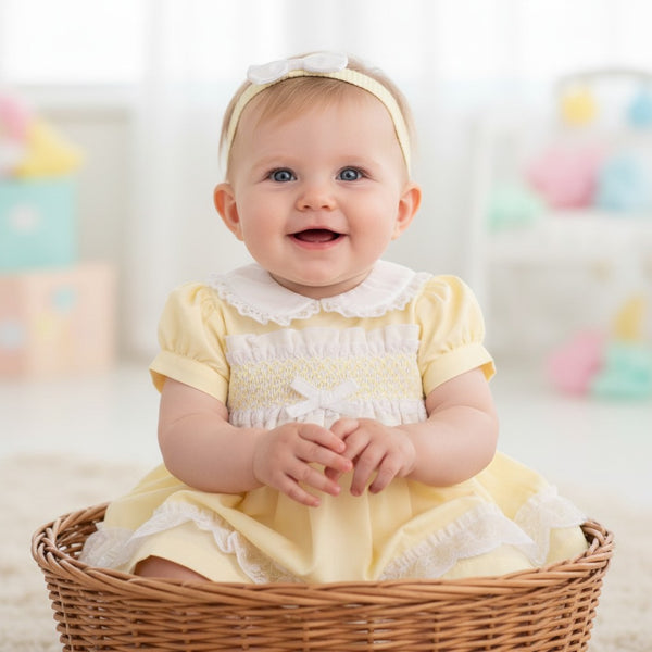 Yellow & White Smocked “Lace and Bow” Baby Girls Dress Set