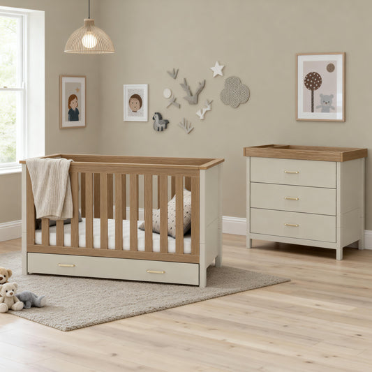 Babymore Mira 2 piece nursery furniture set cashmere warm oak beige and light wood baby crib with slatted sides and drawer