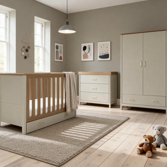 Babymore mira 3 piece nursery furniture set in cashmere warm oak with white and light wood minimalist design