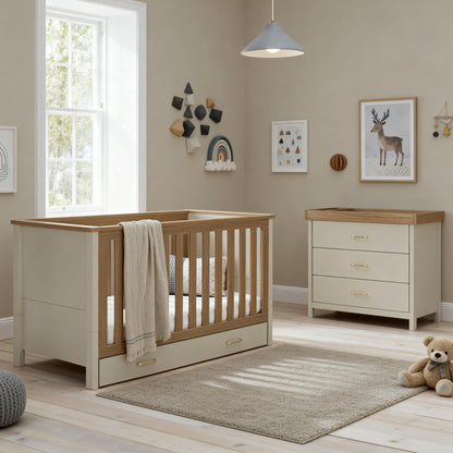 Beigecashmere warm oak babymore mira baby crib with light wood finish and integrated drawer base