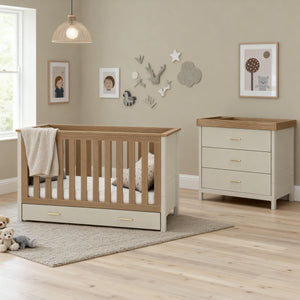 Babymore Mira cashmere warm oak 2 piece nursery furniture set featuring light wood and cream baby crib with drawer