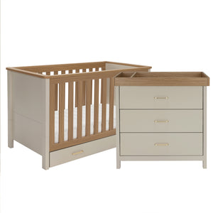 Babymore Mira 2 piece nursery furniture set in beige and warm oak features convertible crib with slatted sides and changing table