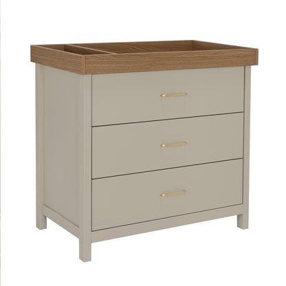 Beige nursery changing table with three drawers and wood grain top from babymore mira 2 piece nursery furniture set