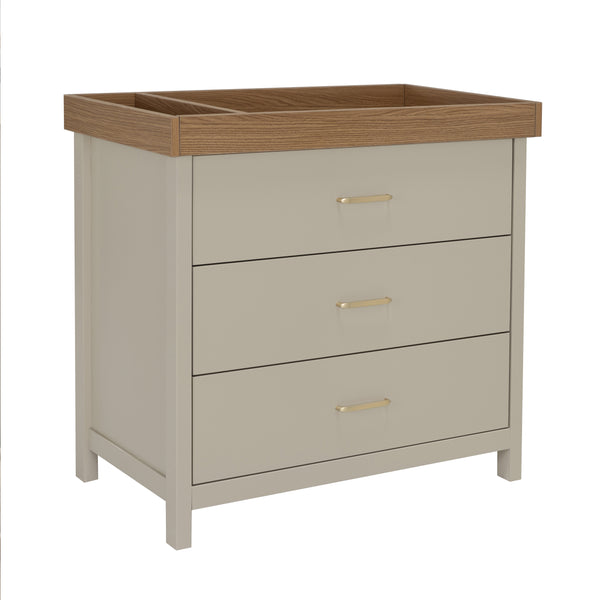 Beige nursery changing table with three drawers and wood grain top from babymore mira 2 piece nursery furniture set