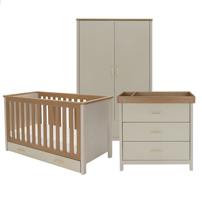 Babymore Mira 3 piece nursery furniture set in cashmere warm oak with convertible crib changing table and tall wardrobe