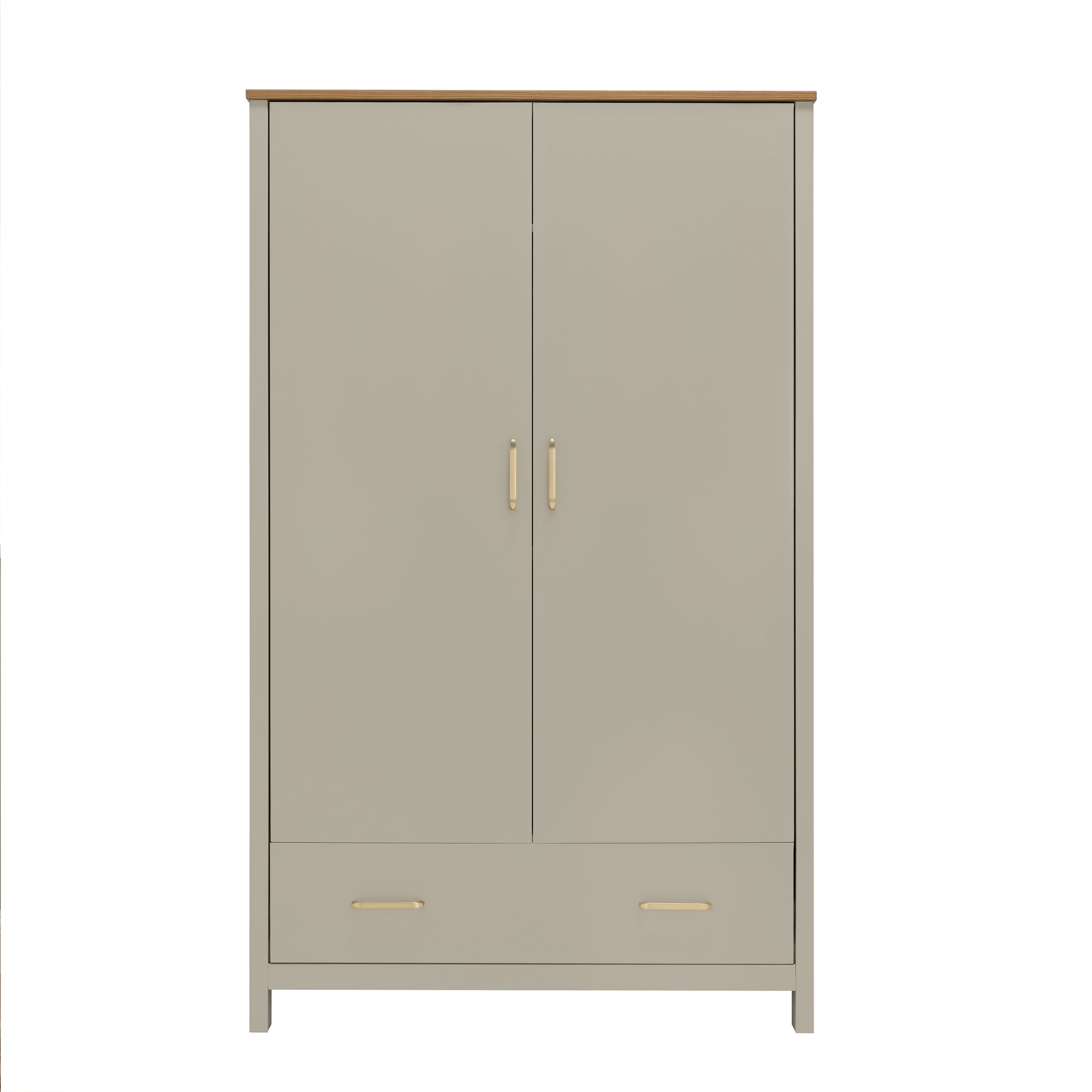 Beige two-door wardrobe with light wood top and slim metallic handles from Babymore Mira 3 Piece Nursery Set
