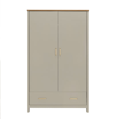 Beige two-door wardrobe with light wood top and slim metallic handles from Babymore Mira 3 Piece Nursery Set