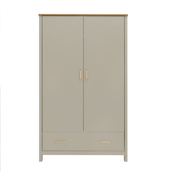 Beige two-door wardrobe with light wood top and slim metallic handles from Babymore Mira 3 Piece Nursery Set
