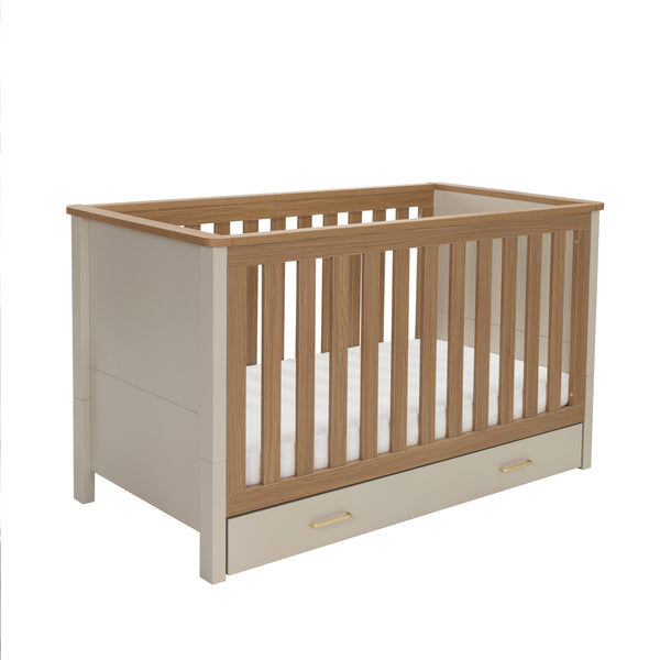 Babymore Mira cot bed modern two-tone wooden crib with light oak slats cream sides and built-in storage drawer